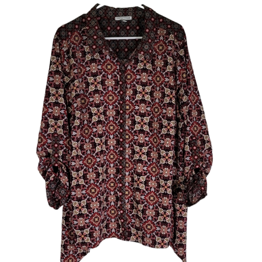 Notations- Button down shirt reds and purples multi colored. Plus size 3XL.